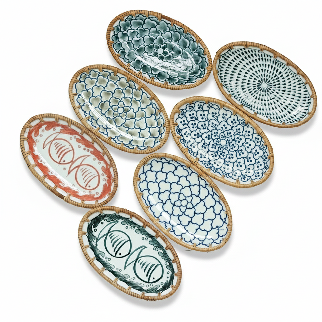 Japanese Style Rattan Woven Ceramic Snack & Fruit Tray – Oval Shape