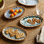 Japanese Style Rattan Woven Ceramic Snack & Fruit Tray – Oval Shape