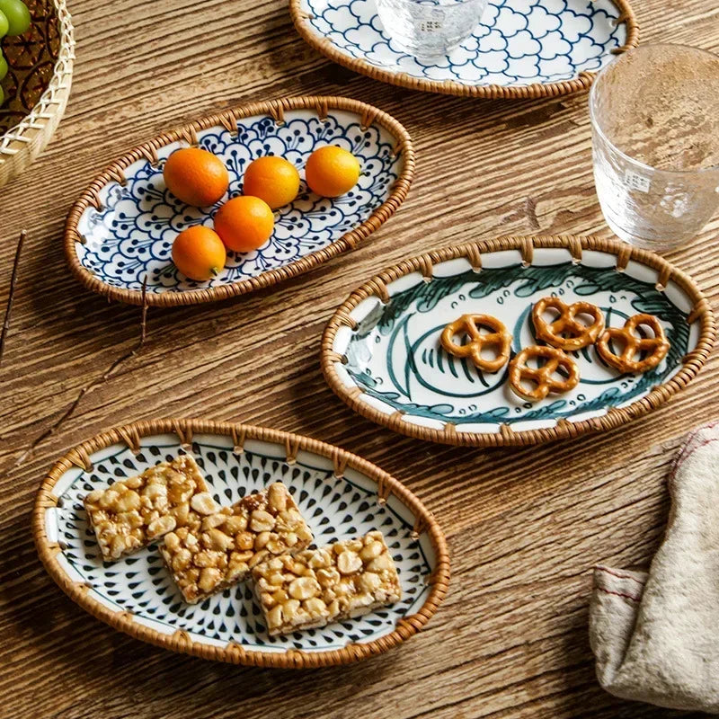 Japanese Style Rattan Woven Ceramic Snack & Fruit Tray – Oval Shape