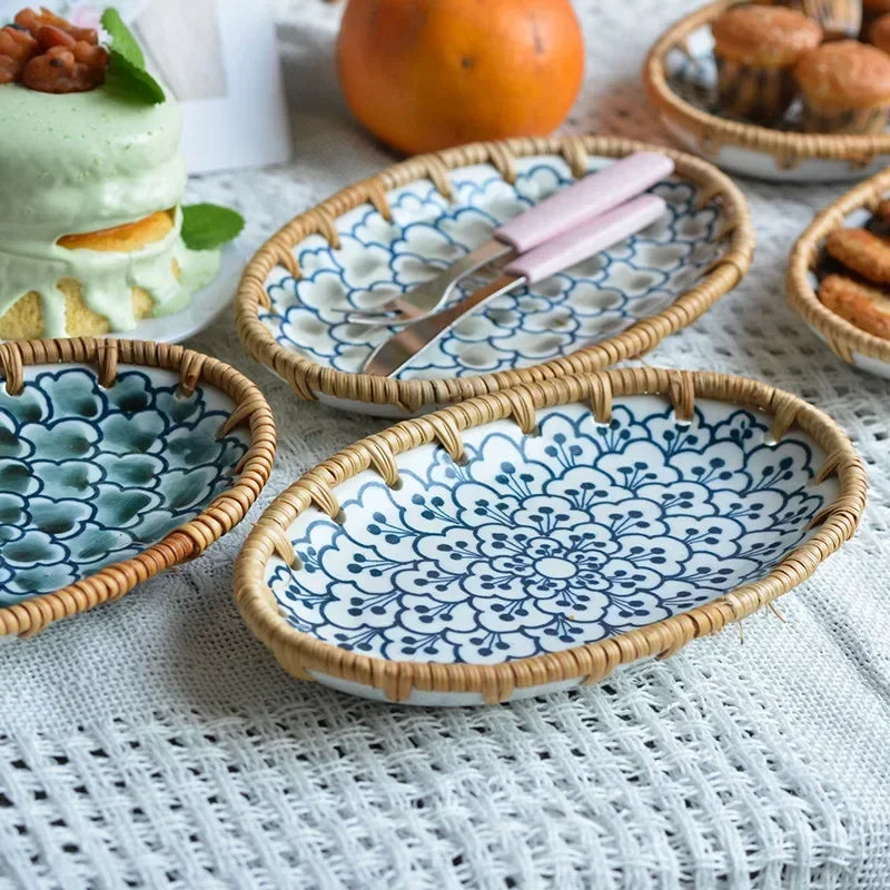 Japanese Style Rattan Woven Ceramic Snack & Fruit Tray – Oval Shape