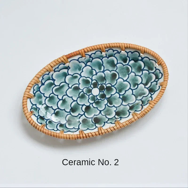 Japanese Style Rattan Woven Ceramic Snack & Fruit Tray – Oval Shape