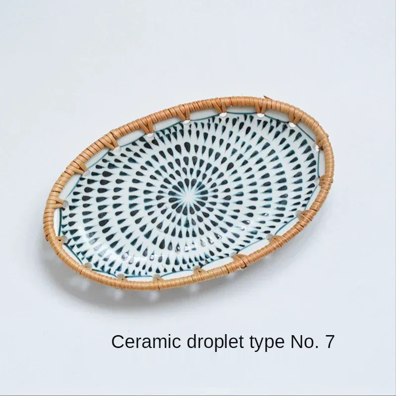 Japanese Style Rattan Woven Ceramic Snack & Fruit Tray – Oval Shape