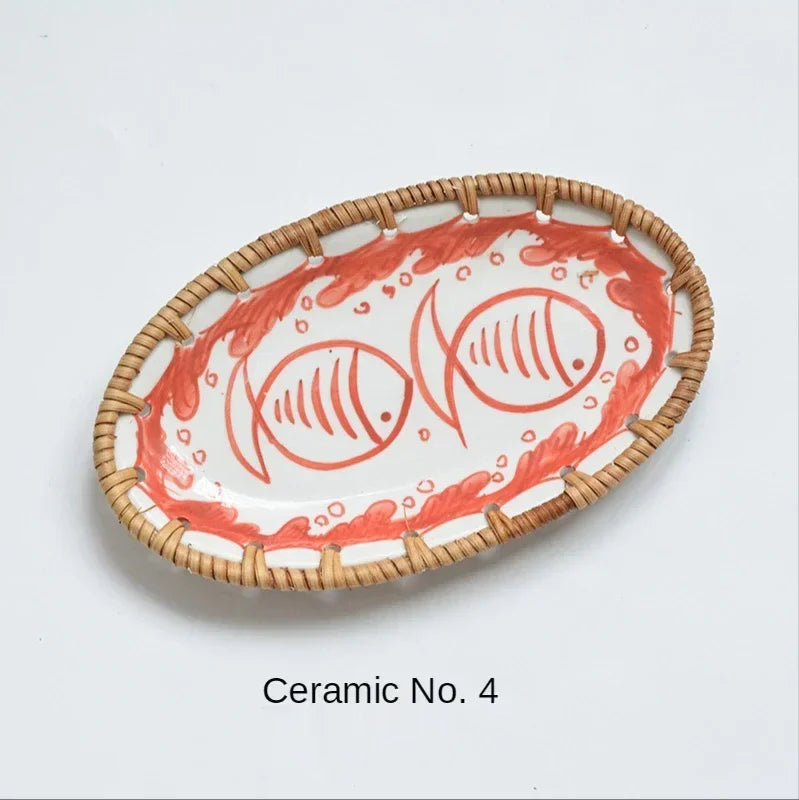 Japanese Style Rattan Woven Ceramic Snack & Fruit Tray – Oval Shape