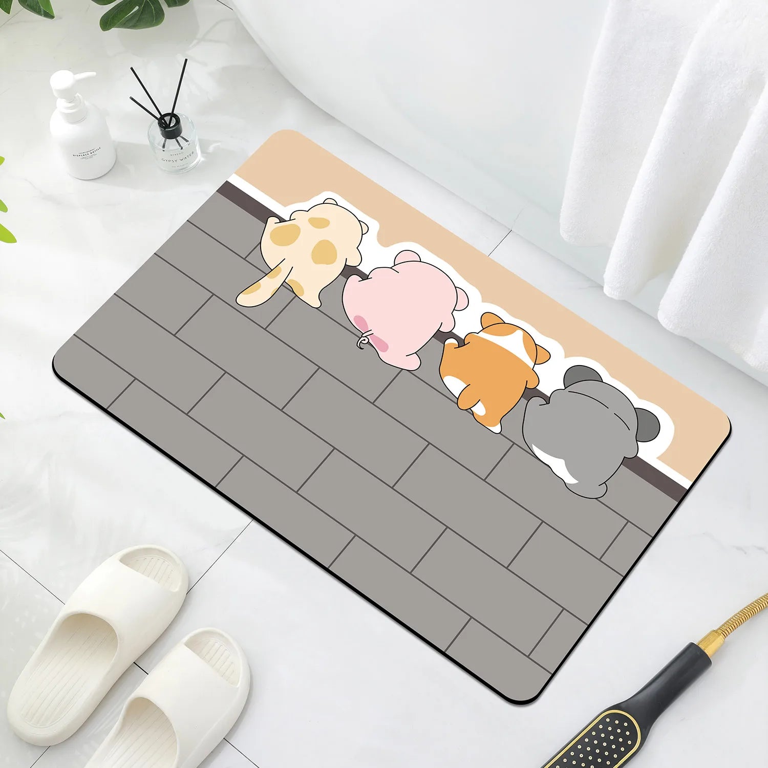 Cute Animal Diatomaceous Earth Bathroom Mat – Quick Water Absorption, Non-Slip Rubber Bottom, Easy to Clean