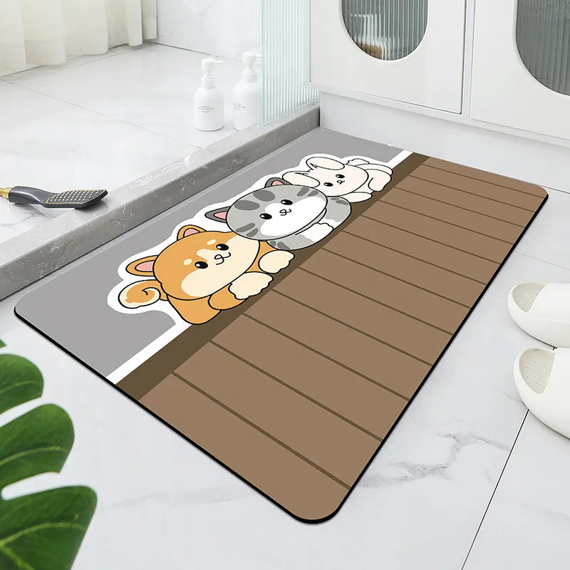 Cute Animal Diatomaceous Earth Bathroom Mat – Quick Water Absorption, Non-Slip Rubber Bottom, Easy to Clean