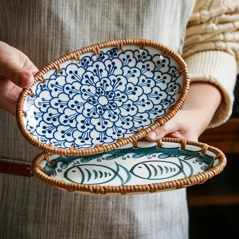 Japanese Style Rattan Woven Ceramic Snack & Fruit Tray – Oval Shape