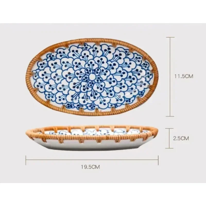 Japanese Style Rattan Woven Ceramic Snack & Fruit Tray – Oval Shape
