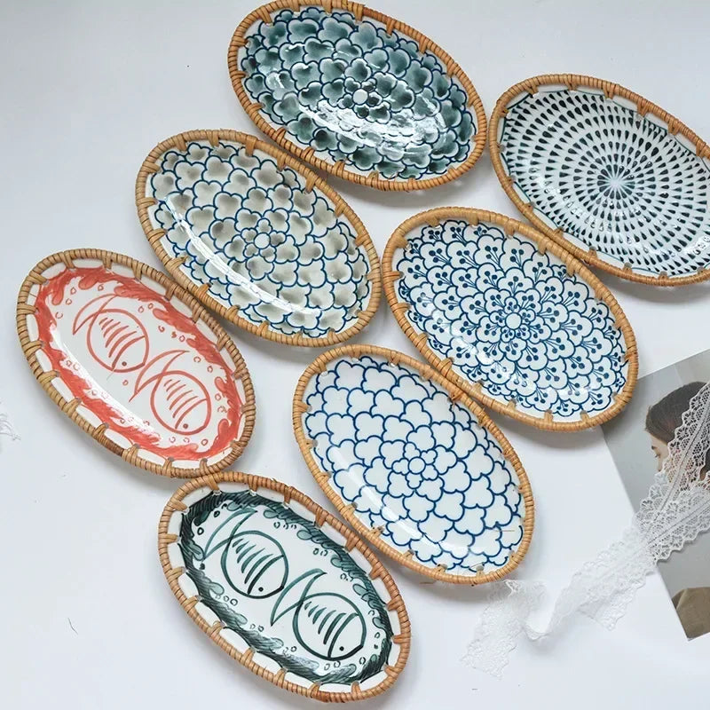 Japanese Style Rattan Woven Ceramic Snack & Fruit Tray – Oval Shape