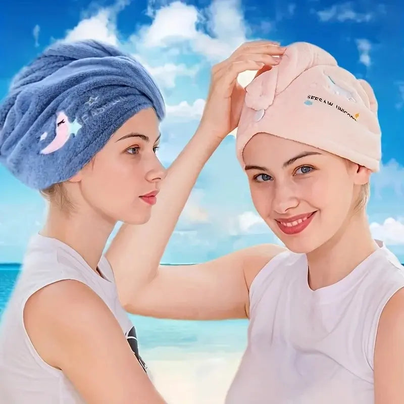 Coral Fleece Dry Hair Towel – Soft, Quick-Drying, Button Design for Easy Wear, 25x65cm