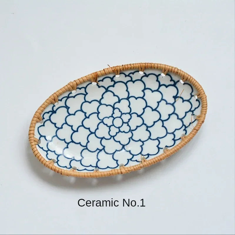 Japanese Style Rattan Woven Ceramic Snack & Fruit Tray – Oval Shape