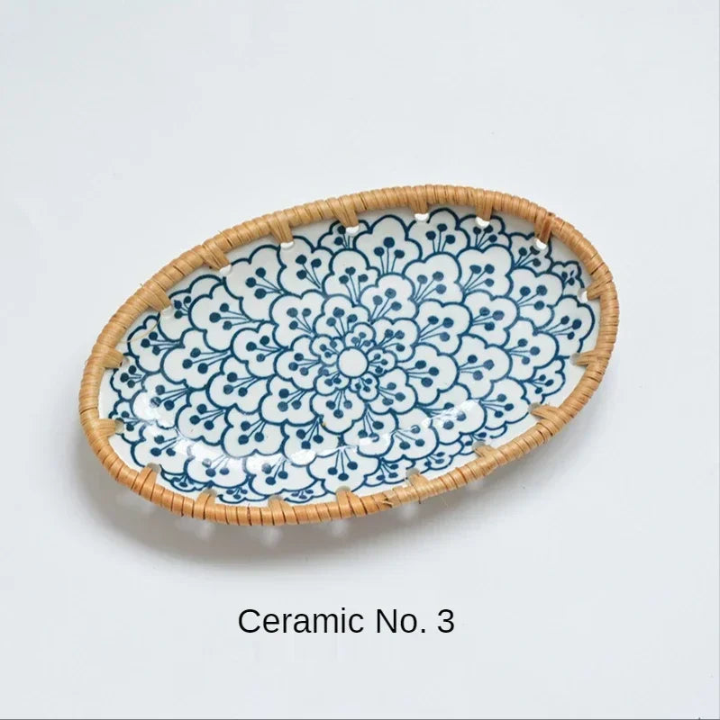 Japanese Style Rattan Woven Ceramic Snack & Fruit Tray – Oval Shape