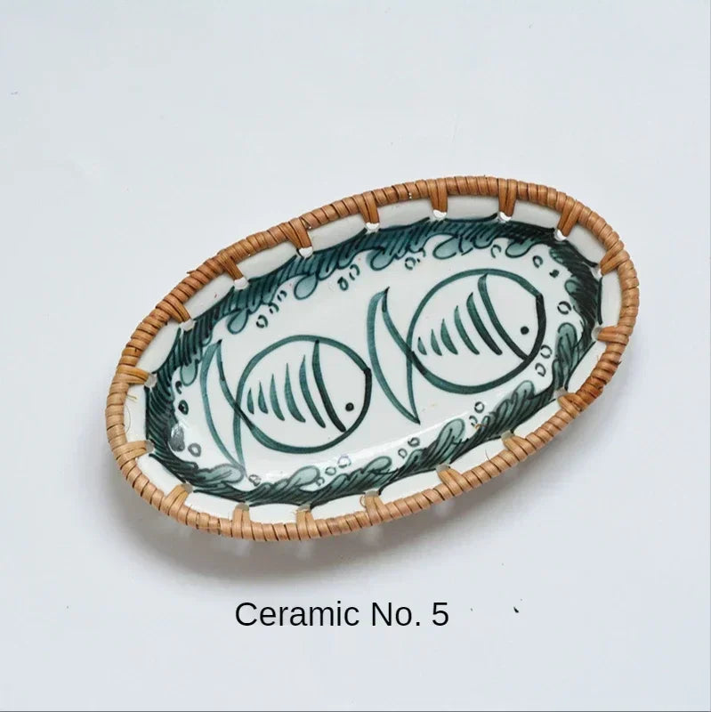 Japanese Style Rattan Woven Ceramic Snack & Fruit Tray – Oval Shape