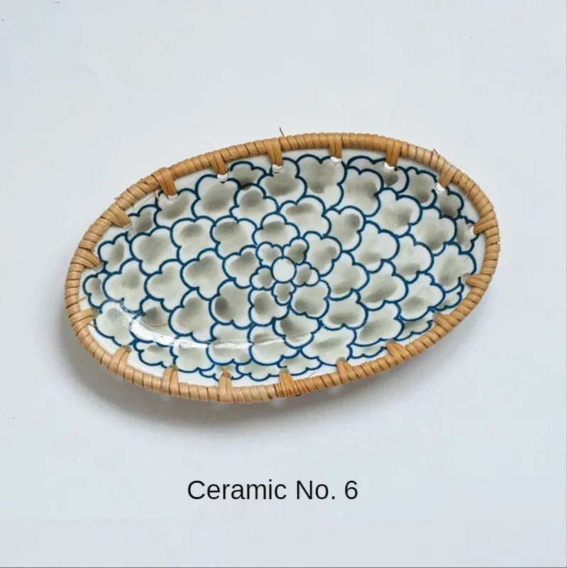Japanese Style Rattan Woven Ceramic Snack & Fruit Tray – Oval Shape