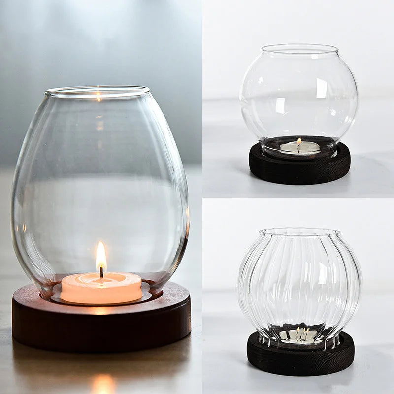 Transparent Round Glass Candlestick – Retro Home Windproof Candle Holders with Cup Cover for Wedding & Party Decorations
