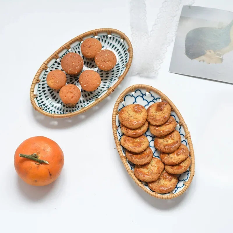 Japanese Style Rattan Woven Ceramic Snack & Fruit Tray – Oval Shape